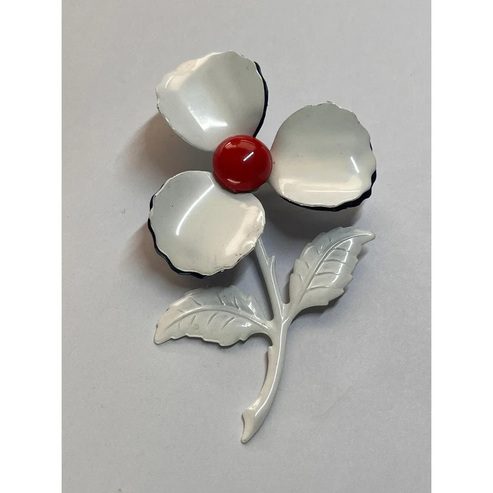 Vintage 60s Patriotic Floral‎ Red White Blue Enameled Pin 3.75